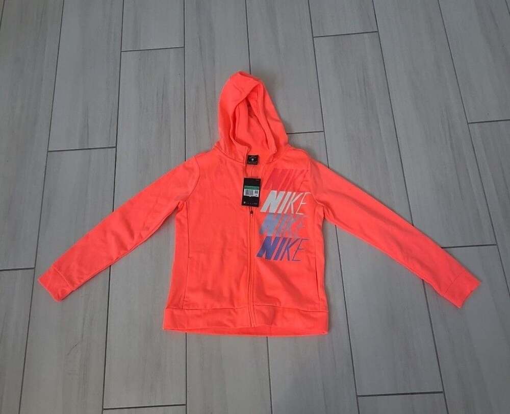 Nike Dri-Fit Full Zip Hoodie Girls Size XL Orange Stacked Logo